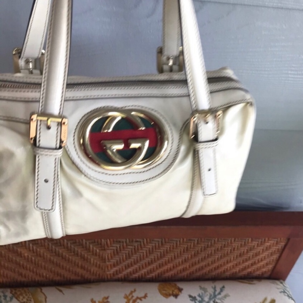 Gucci White Patent Leather Britt Boston Satchel Bag - Picture 7 of 8